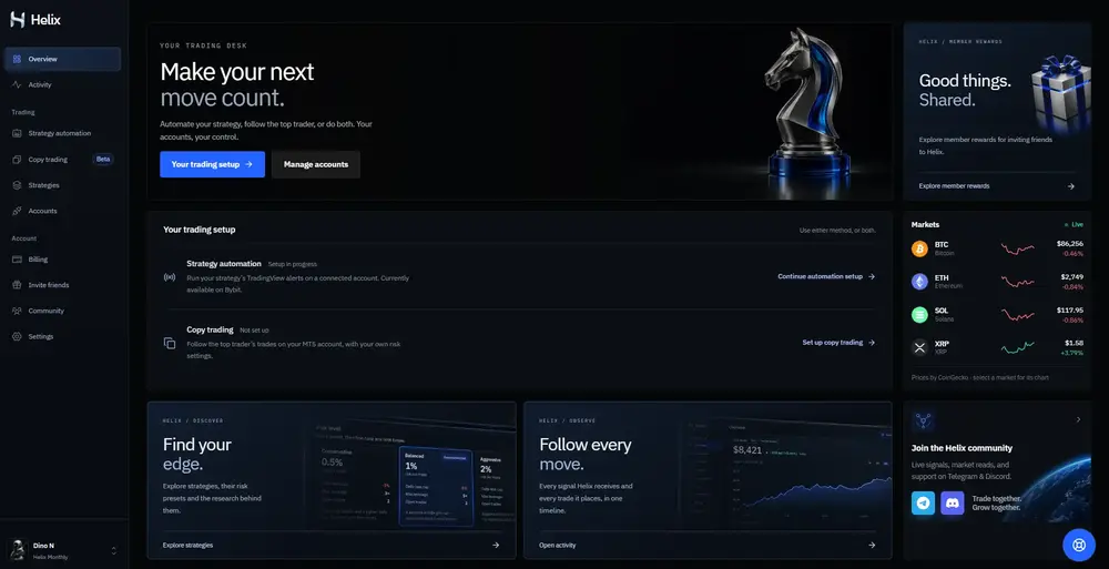 Helix dashboard showing strategy automation and copy trading setup